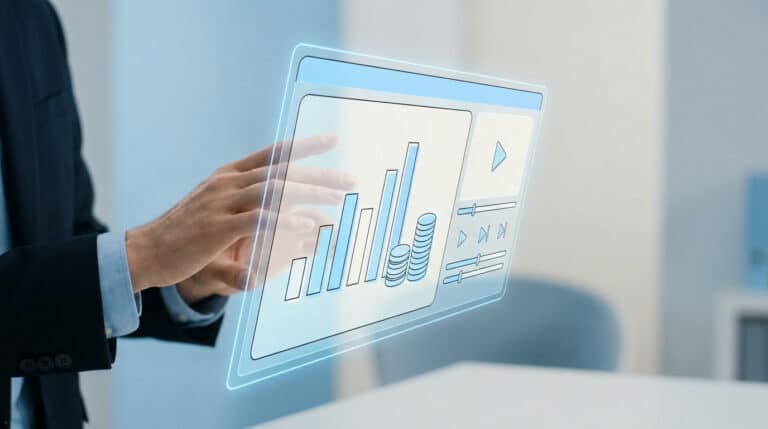 Un homme d'affaires interagissant avec une interface numérique holographique affichant des graphiques de revenus.