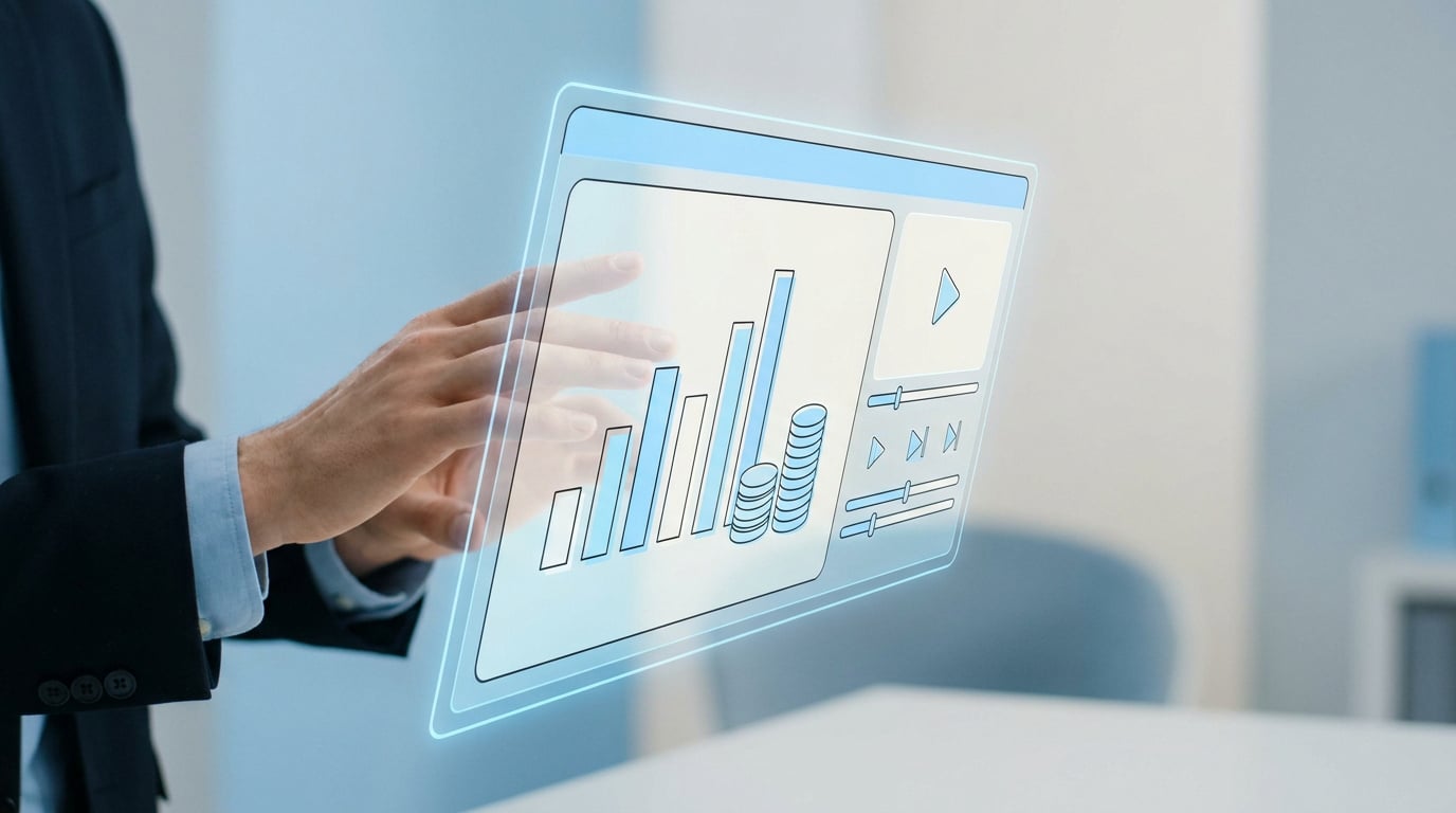 Un homme d'affaires interagissant avec une interface numérique holographique affichant des graphiques de revenus.