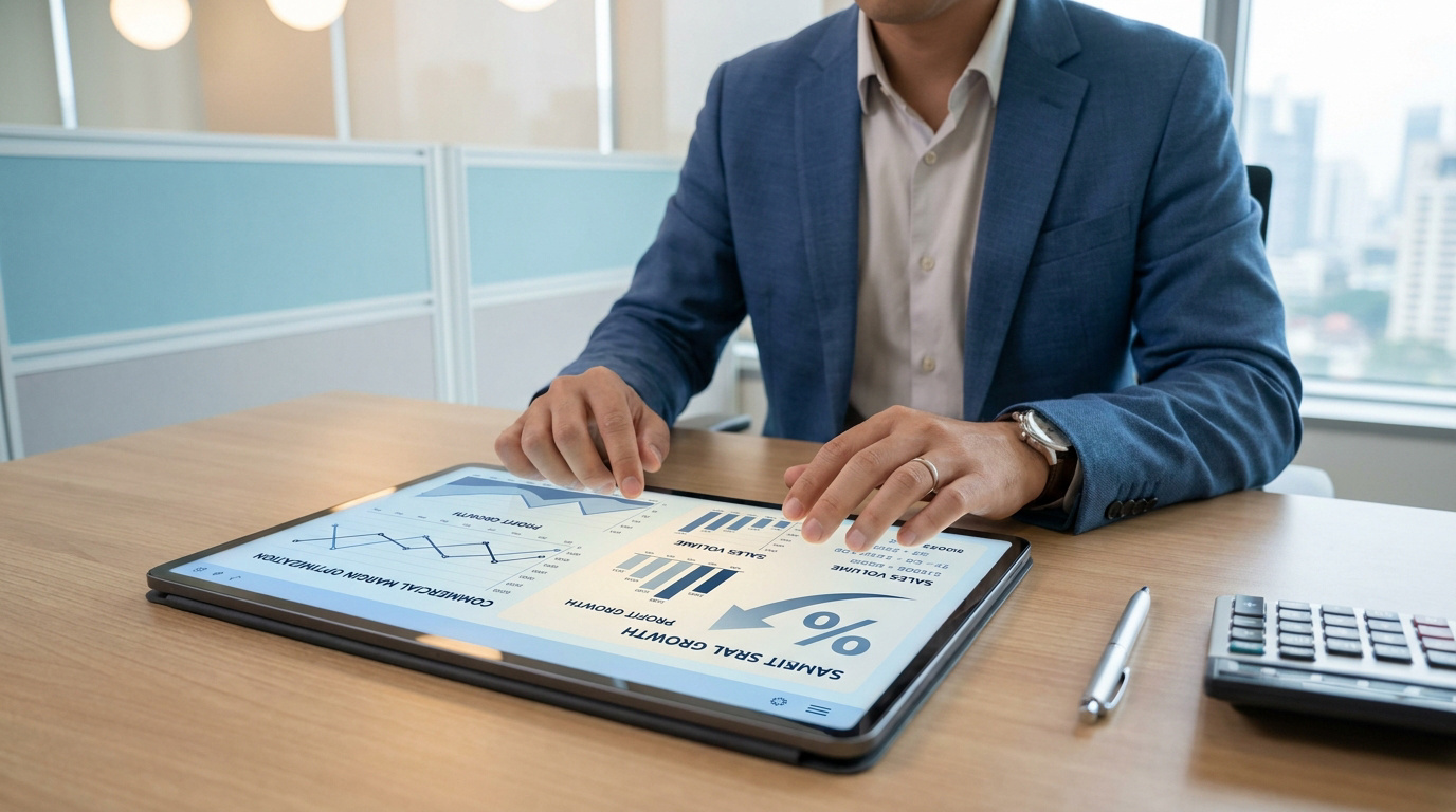 Professionnel en costume analysant des graphiques de performance commerciale sur une tablette numérique au bureau.