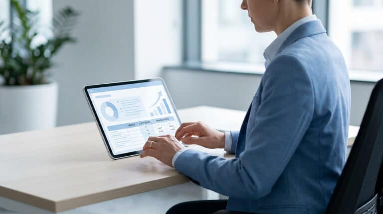 Une personne en costume travaillant sur une tablette affichant un tableau de calcul de marges et coefficients.