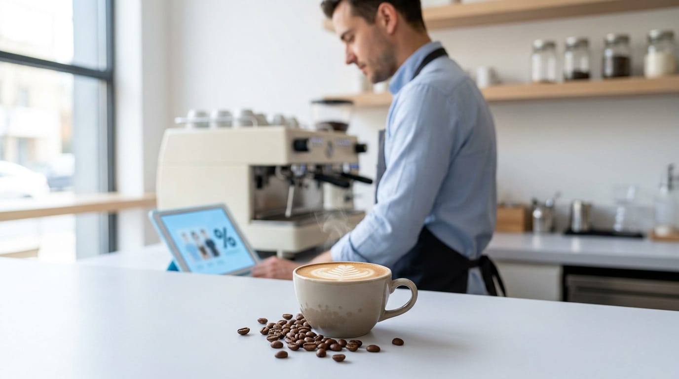 Un barista prépare une commande sur tablette devant une tasse de café latte art et des grains de café sur le comptoir.