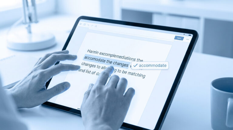 Mains utilisant une tablette pour corriger une faute d'orthographe dans un texte avec une suggestion automatique.