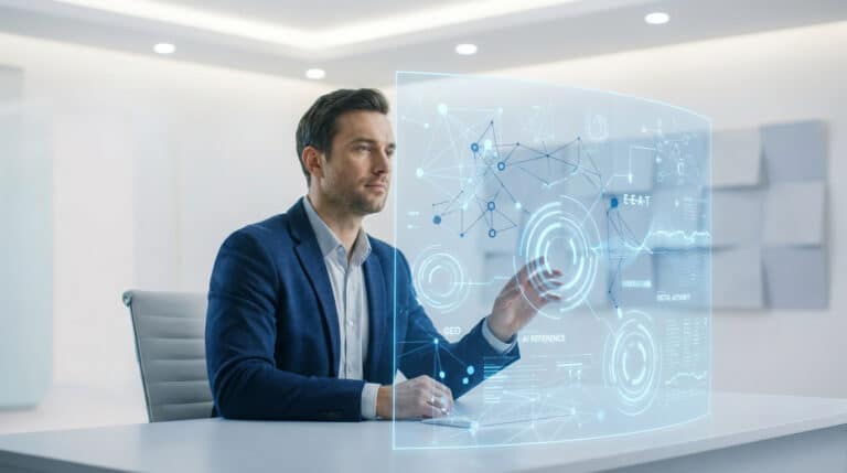 Un homme d'affaires interagissant avec une interface numérique holographique affichant des données et des réseaux.