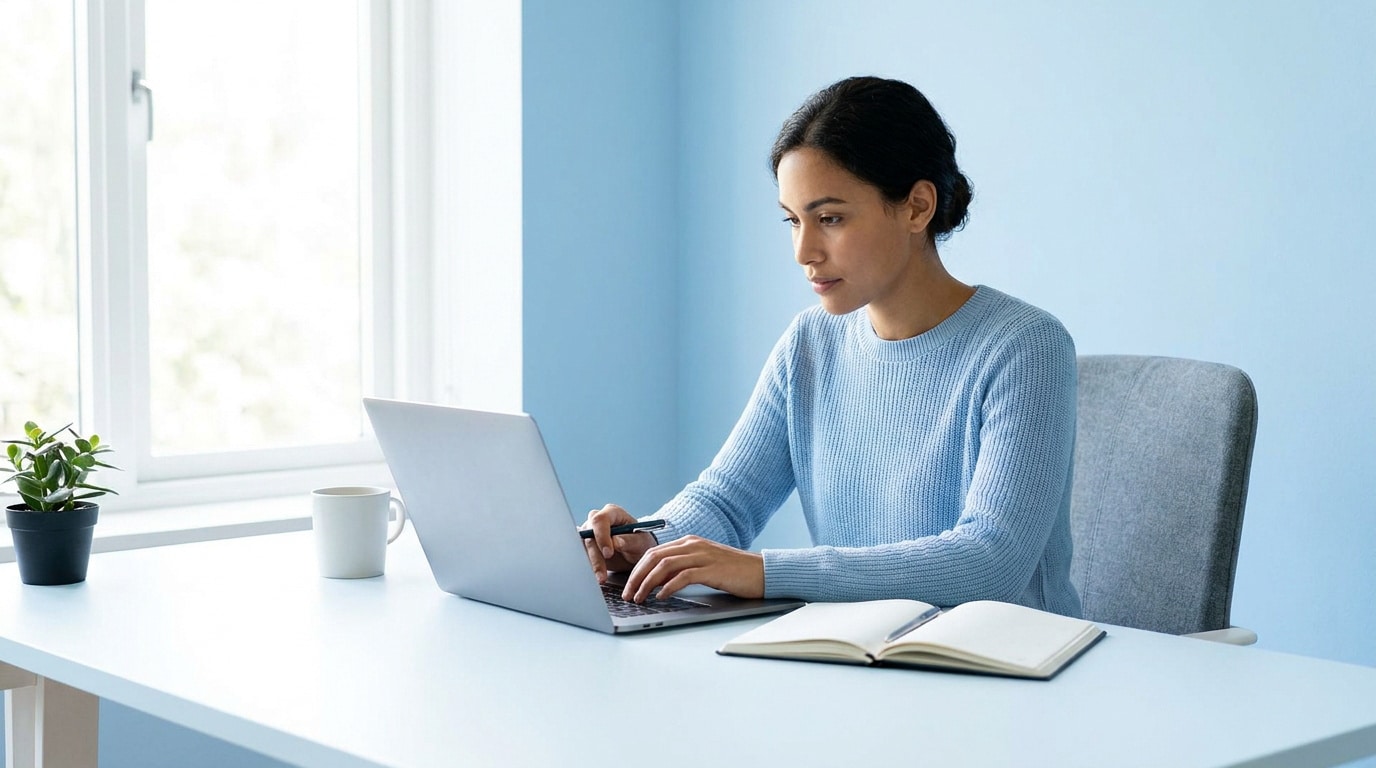 Une femme concentrée travaille sur son ordinateur portable dans un bureau lumineux aux murs bleu clair.