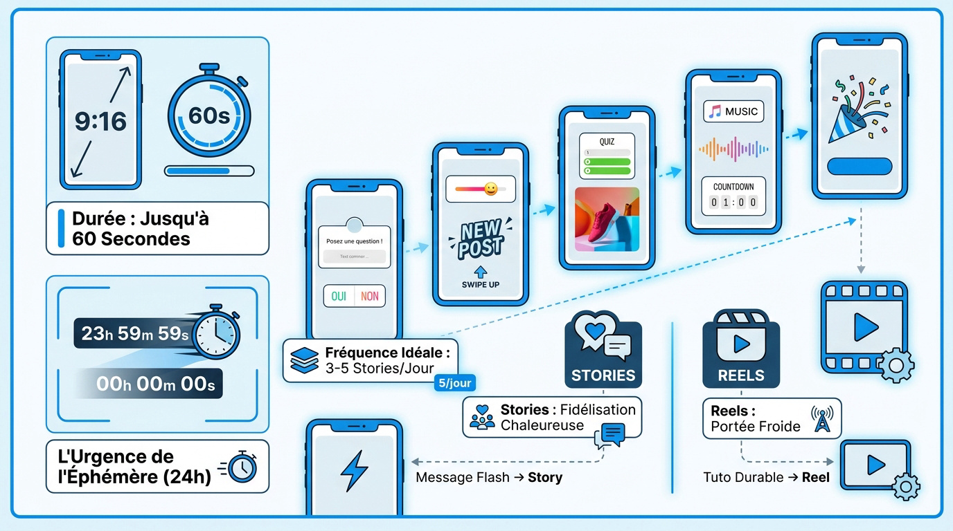 Infographie comparative entre les stratégies marketing Instagram Stories et Reels pour 2026