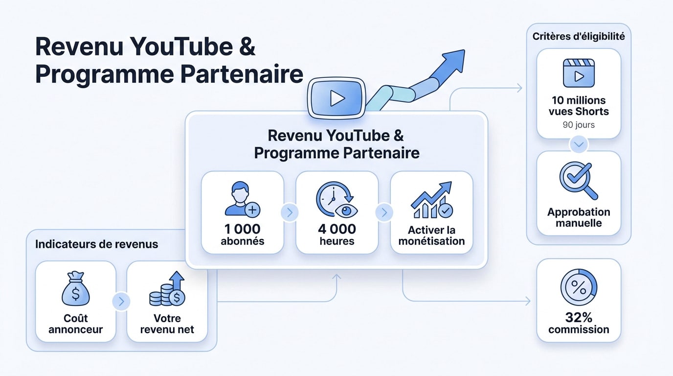 Infographie détaillant les critères d'éligibilité et le fonctionnement du Programme Partenaire YouTube