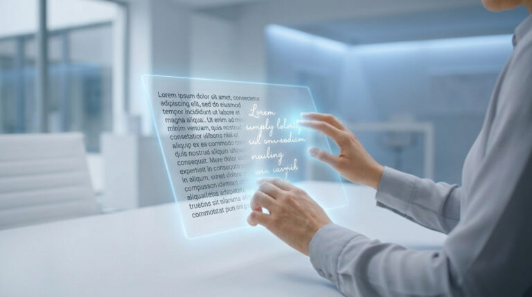 Une personne utilisant une interface tactile holographique transparente pour éditer du texte numérique dans un bureau.