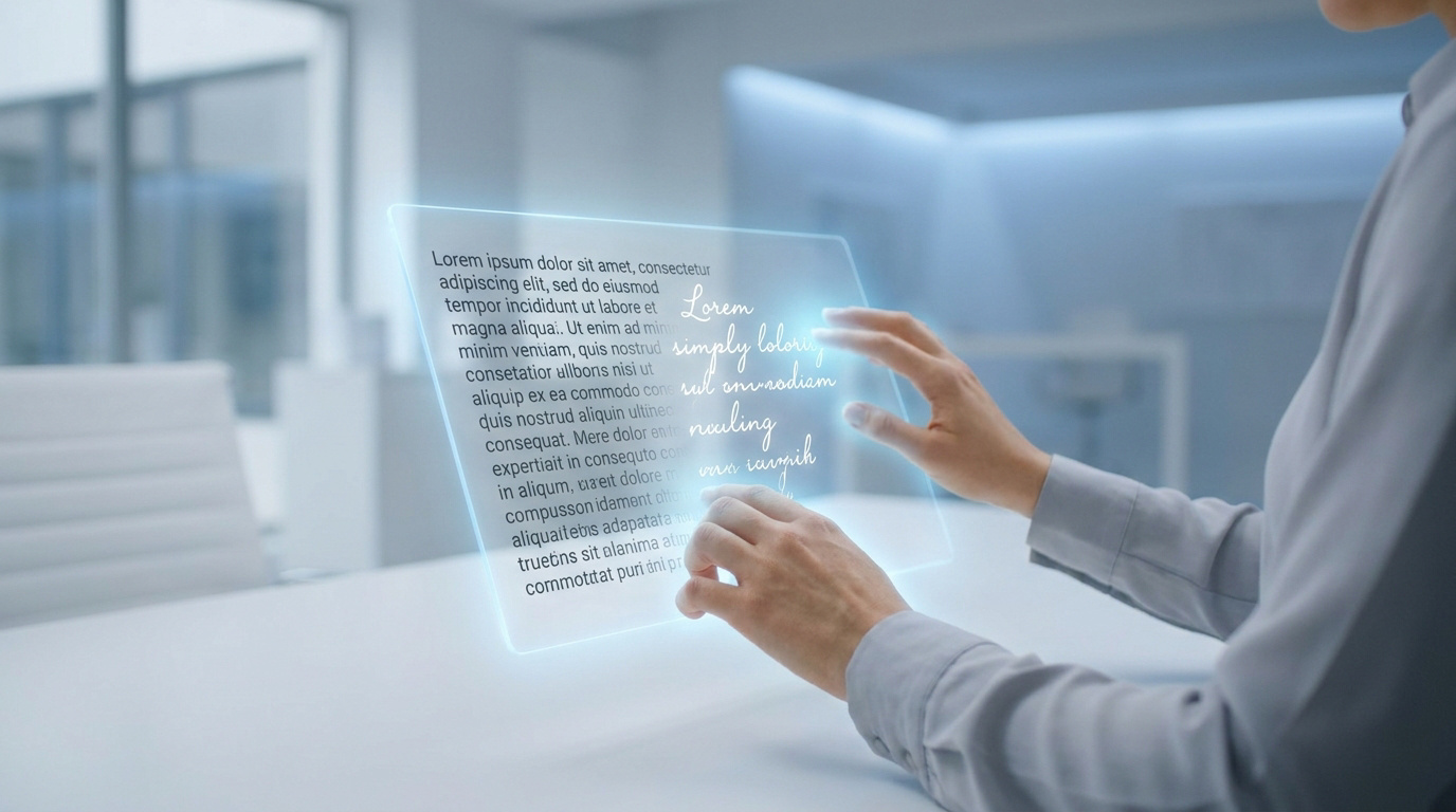 Une personne utilisant une interface tactile holographique transparente pour éditer du texte numérique dans un bureau.