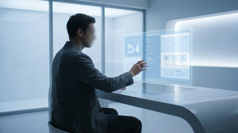 Un homme en costume utilisant une interface holographique futuriste pour concevoir un site web dans un bureau moderne.