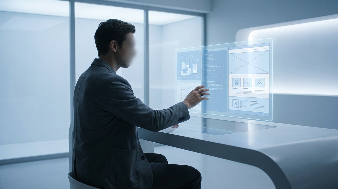 Un homme en costume utilisant une interface holographique futuriste pour concevoir un site web dans un bureau moderne.