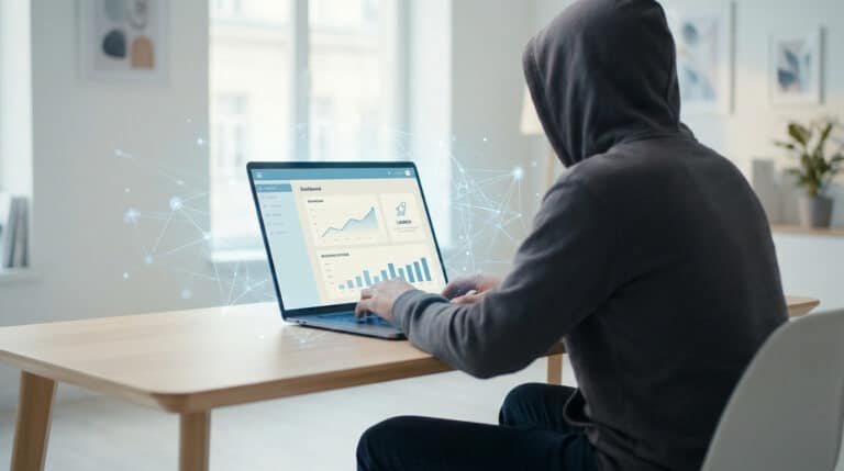 Une personne à capuche travaillant sur un ordinateur portable affichant des données numériques avec des liens en réseau.
