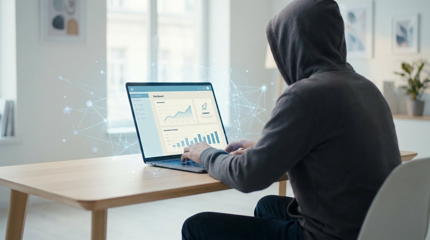 Une personne à capuche travaillant sur un ordinateur portable affichant des données numériques avec des liens en réseau.