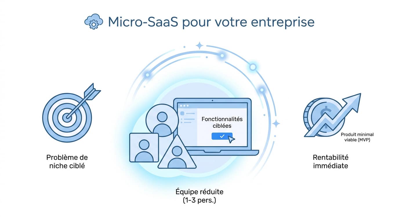 Illustration du concept de micro-SaaS pour entreprise axé sur la simplicité et la niche