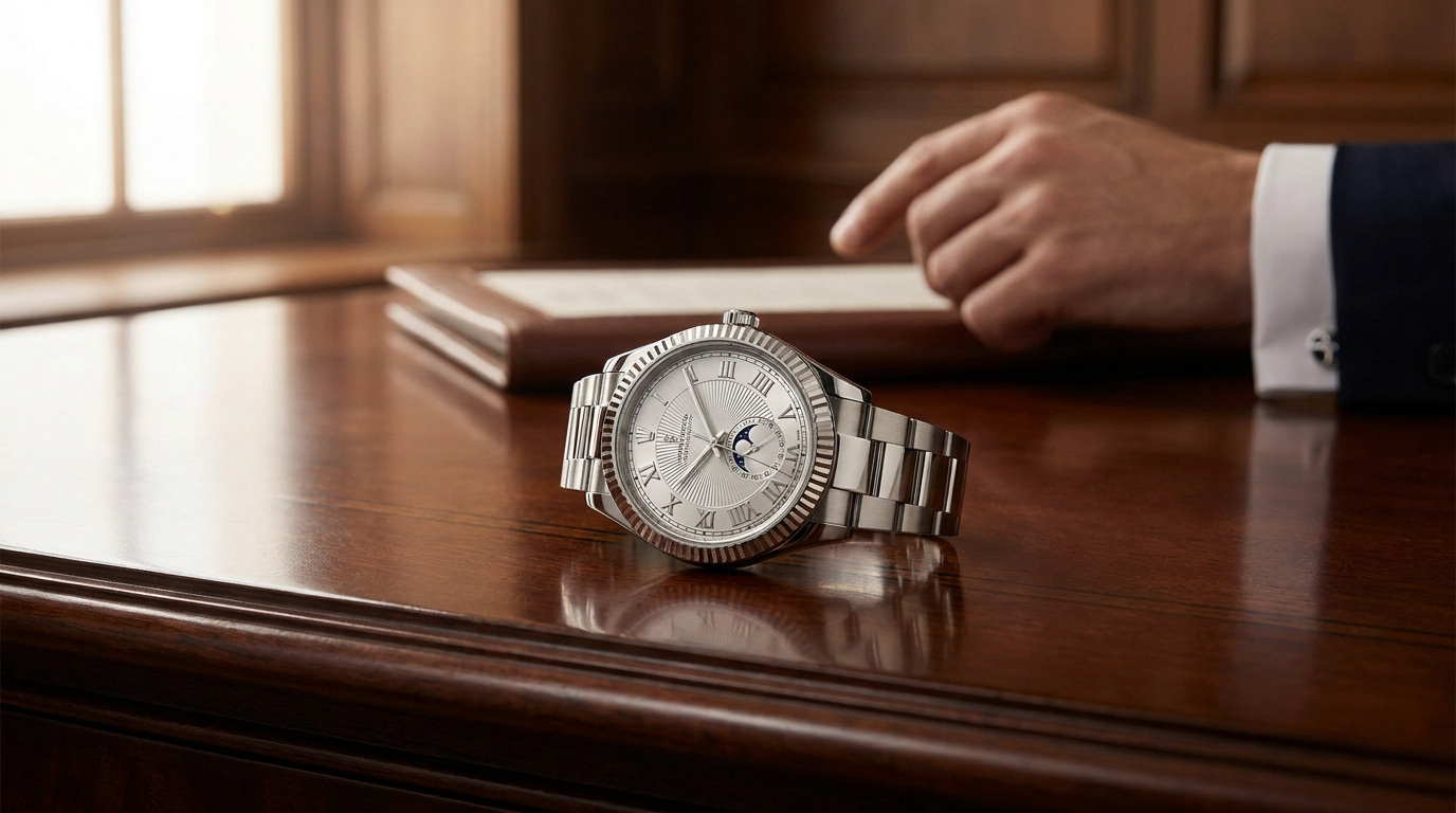 Une montre Rolex élégante posée sur un bureau en bois sombre avec une main d'homme en arrière-plan.