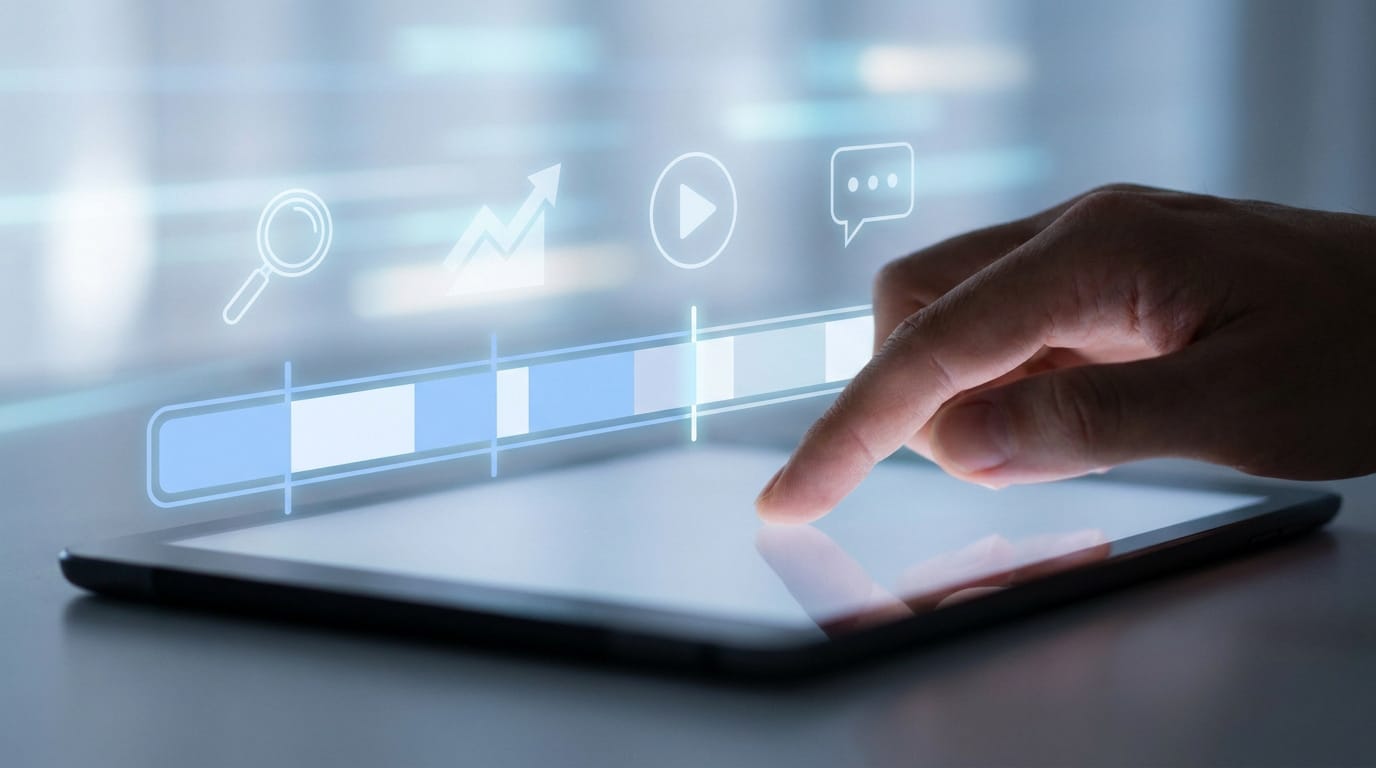 Main utilisant une tablette numérique avec des icônes holographiques de lecture, de recherche et de statistiques.