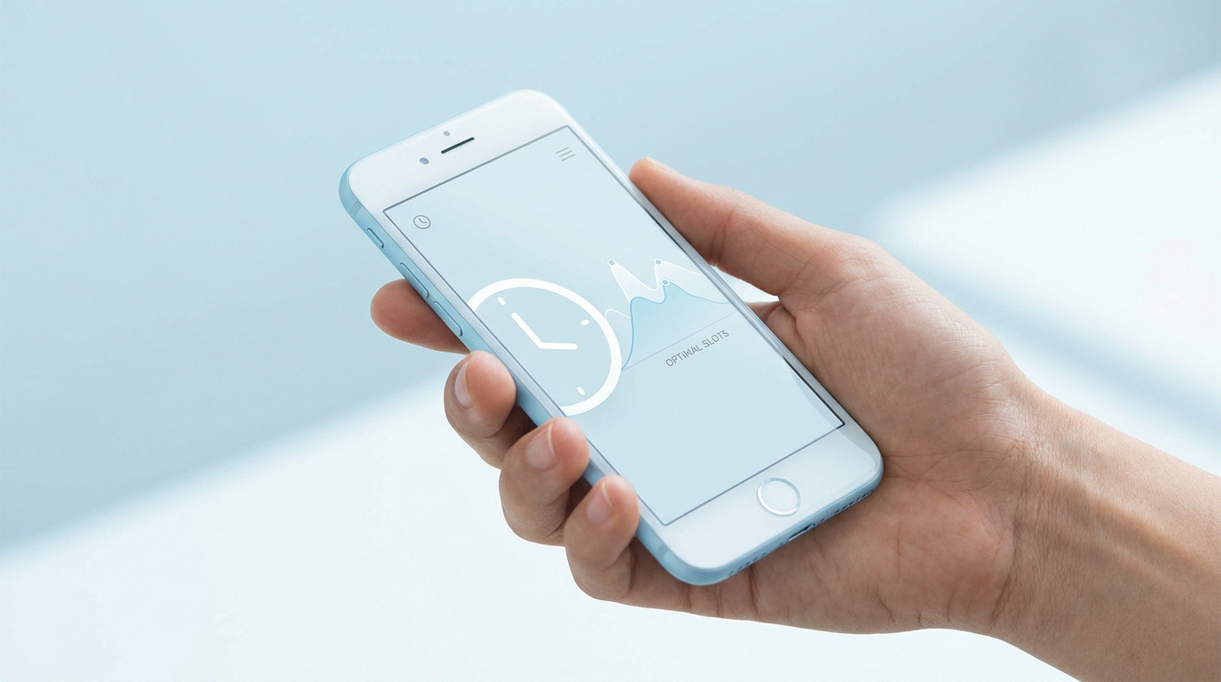 Une main tenant un smartphone affichant un graphique des meilleurs créneaux horaires sur un fond bleu clair.