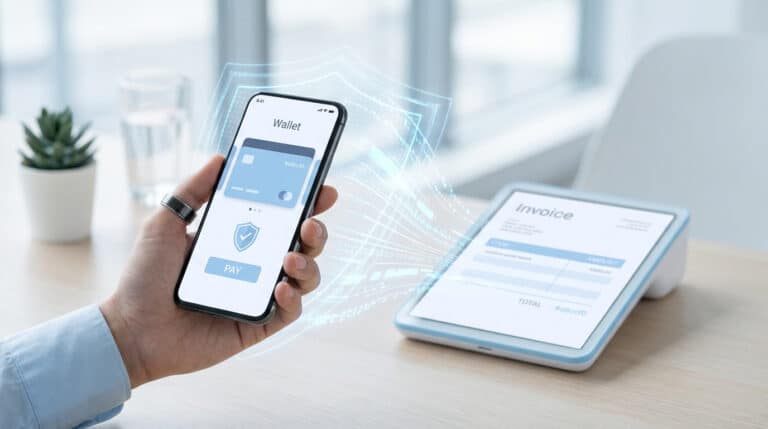 Une main utilisant un smartphone pour effectuer un paiement sécurisé vers un terminal affichant une facture numérique.