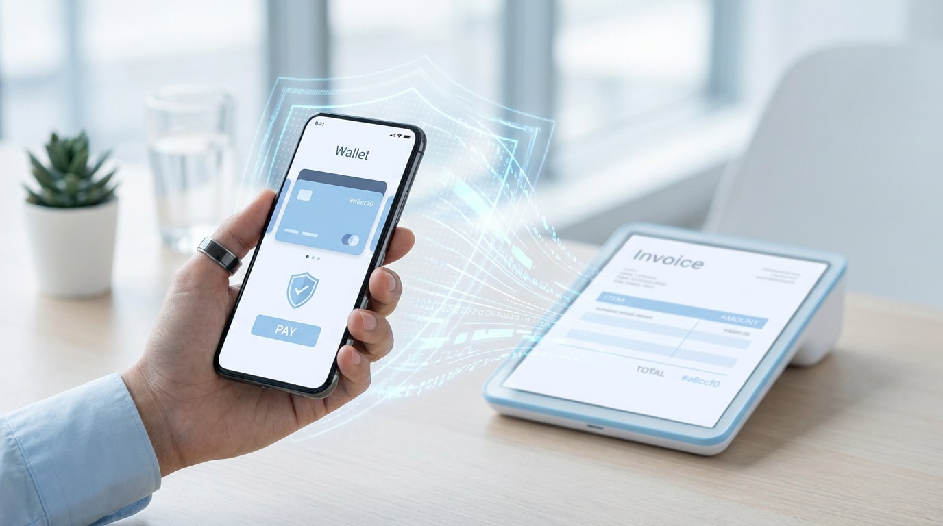 Une main utilisant un smartphone pour effectuer un paiement sécurisé vers un terminal affichant une facture numérique.