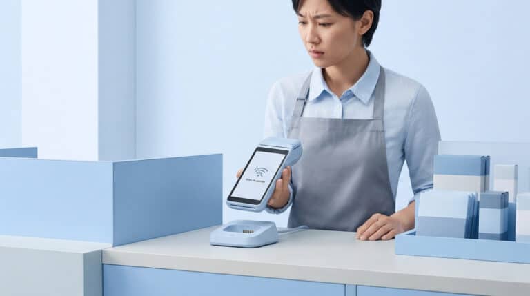 Une employée de magasin regarde avec inquiétude un terminal de paiement affichant le message "Hors de portée".