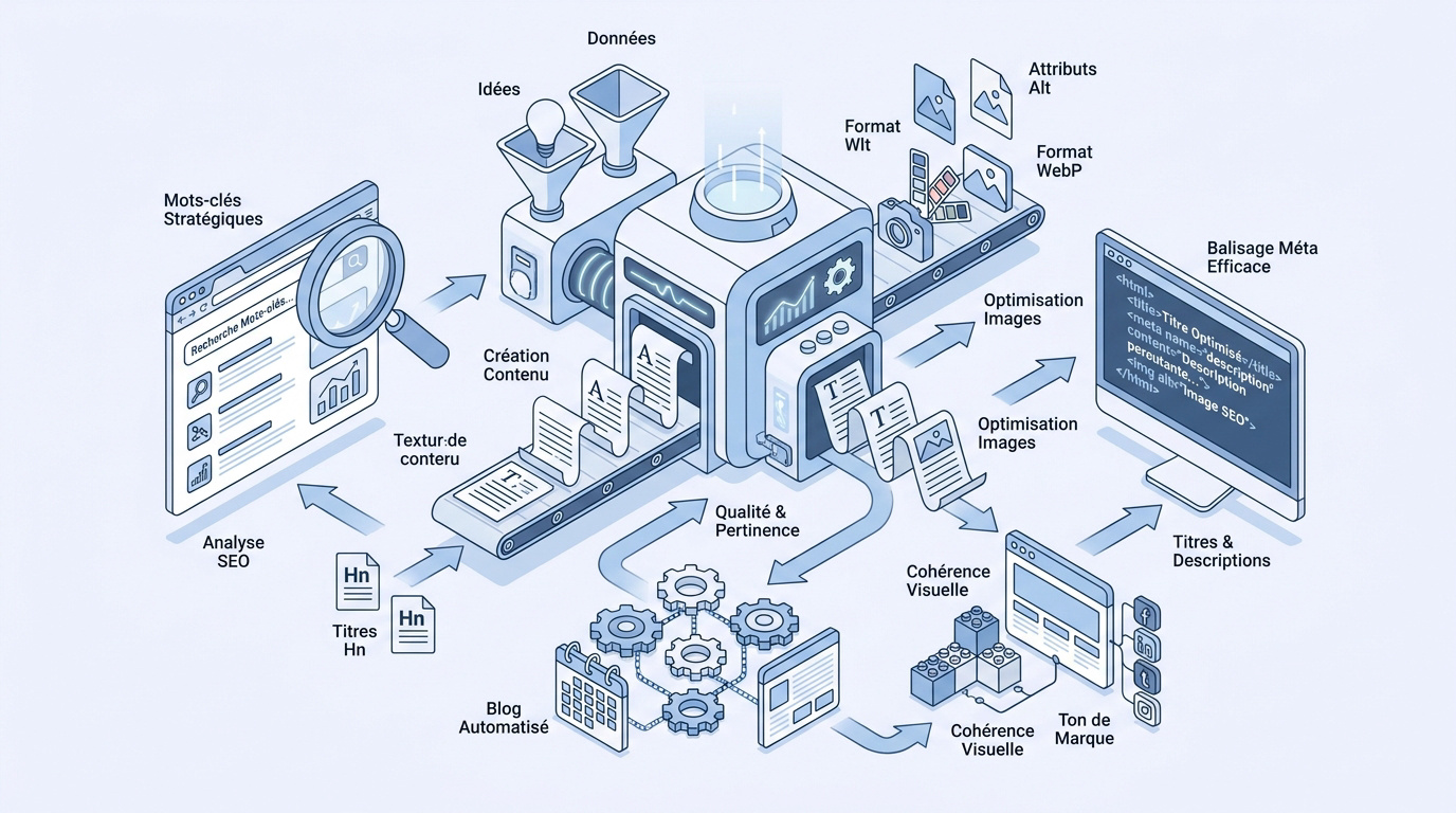 Illustration isométrique du processus de création de contenu et optimisation SEO par intelligence artificielle