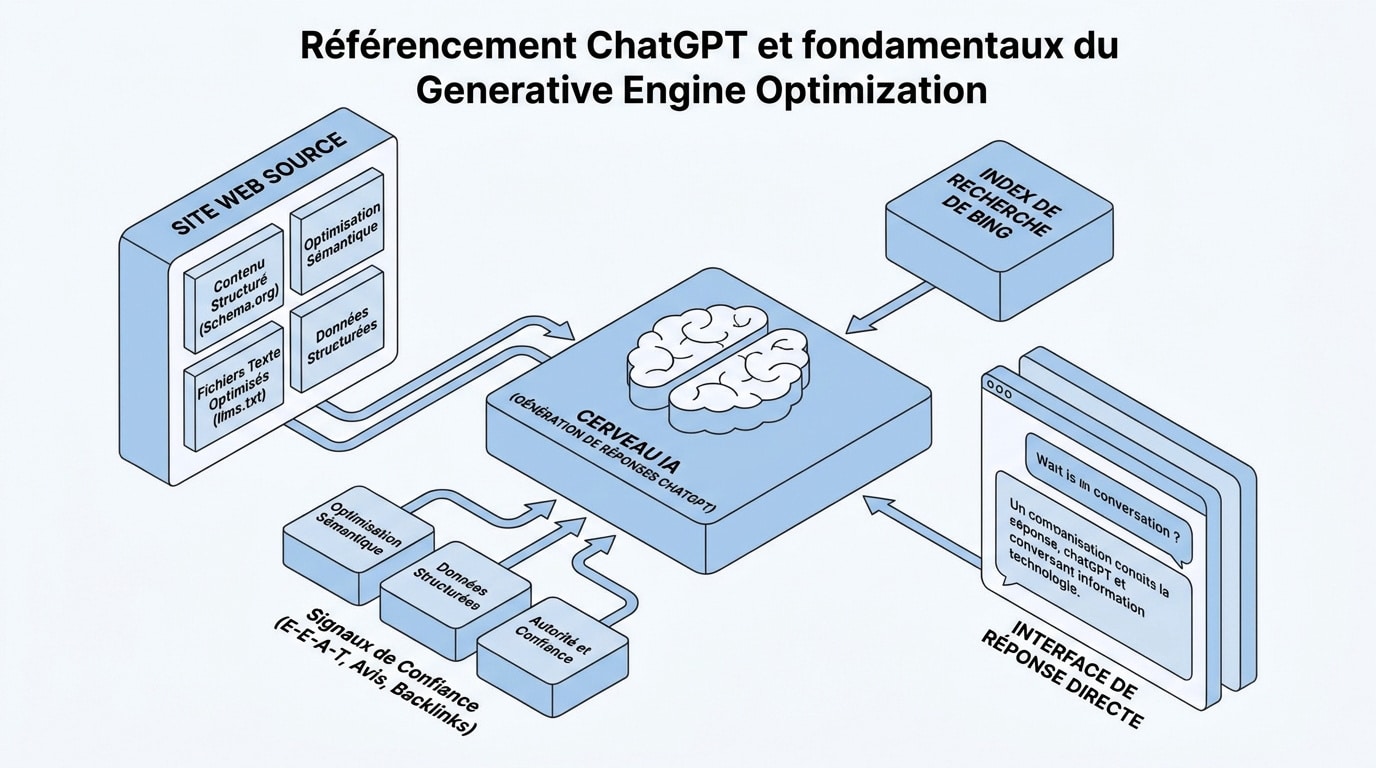 Schéma explicatif du Generative Engine Optimization et du positionnement sur ChatGPT