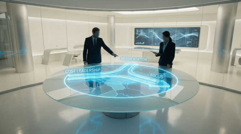 Professionnels analysant une interface holographique sur les stratégies de Porter dans un bureau futuriste.