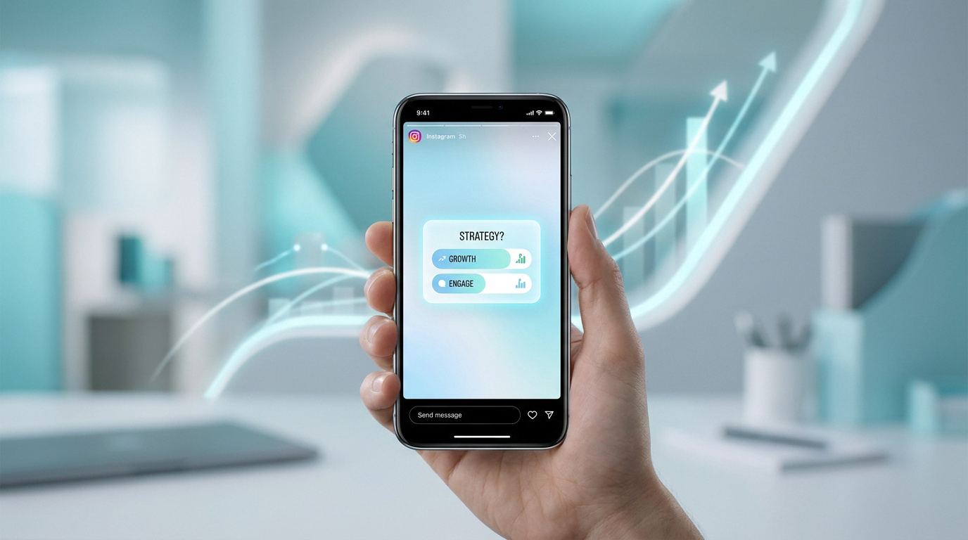 Main tenant un smartphone affichant une Story Instagram avec un sondage sur la croissance et l'engagement.