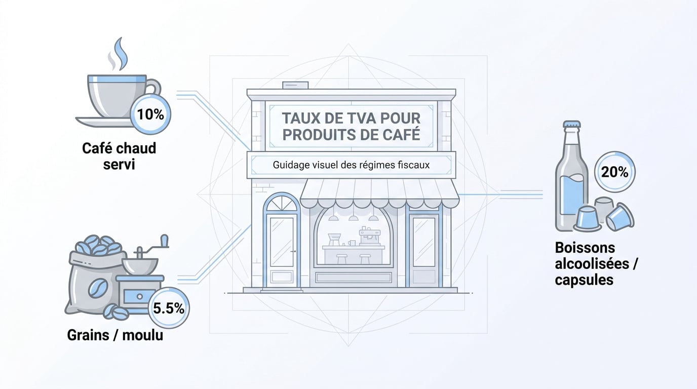 Tableau récapitulatif des taux de TVA applicables au café selon le mode de vente