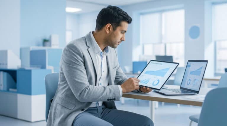 Un homme d'affaires en costume consulte des graphiques de rentabilité sur sa tablette dans un bureau moderne.
