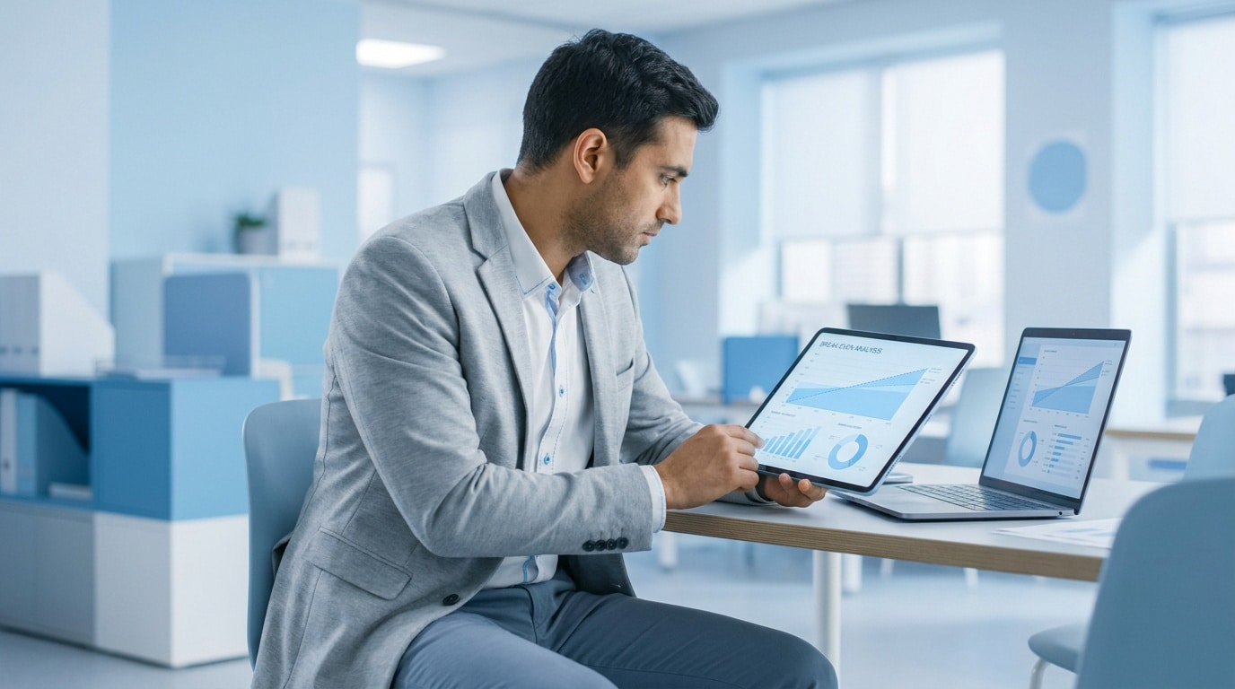 Un homme d'affaires en costume consulte des graphiques de rentabilité sur sa tablette dans un bureau moderne.