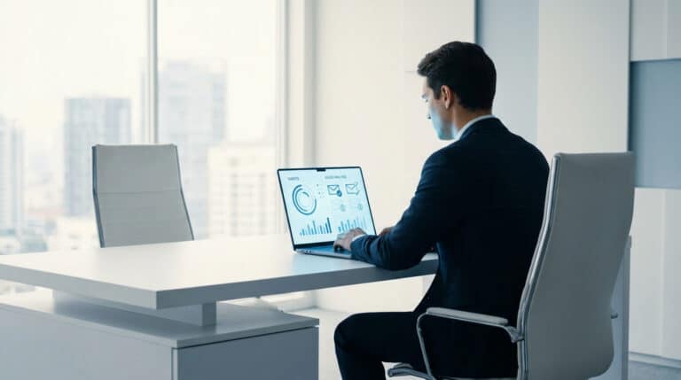 Un homme d'affaires en costume assis devant un ordinateur portable affichant des graphiques de tarification et d'emailing.