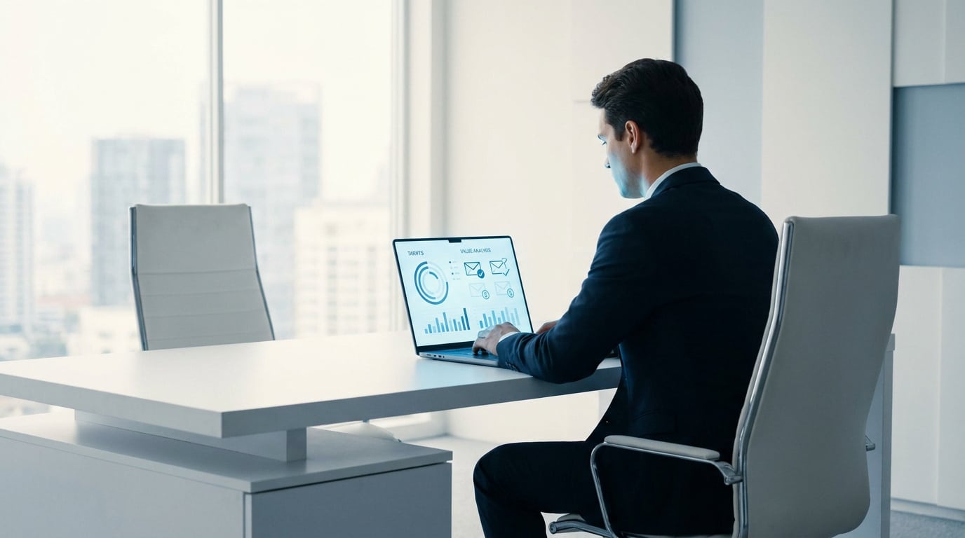 Un homme d'affaires en costume assis devant un ordinateur portable affichant des graphiques de tarification et d'emailing.