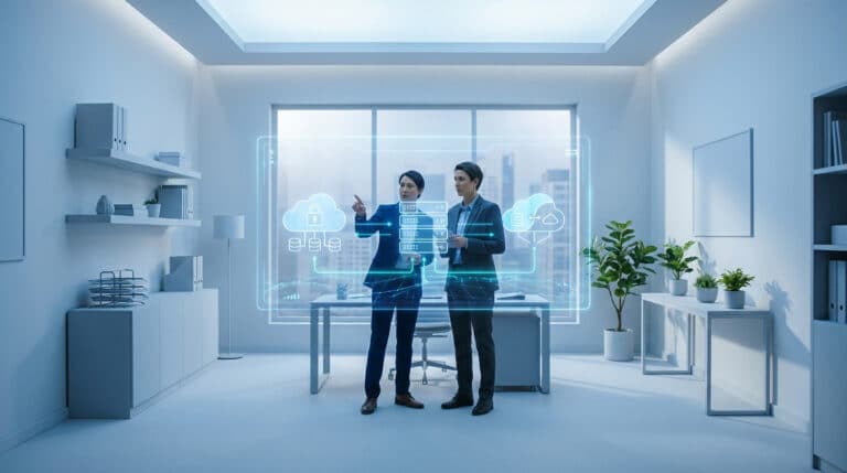 Deux professionnels analysent des données cloud via une interface holographique dans un bureau moderne et minimaliste.