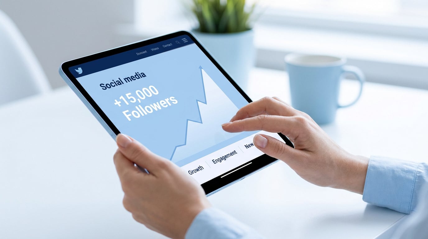 Mains tenant une tablette affichant un graphique de croissance de followers sur les réseaux sociaux.