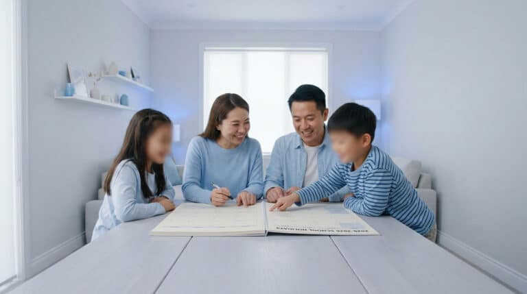 Une famille asiatique assise autour d'une table regarde ensemble un calendrier des vacances scolaires.