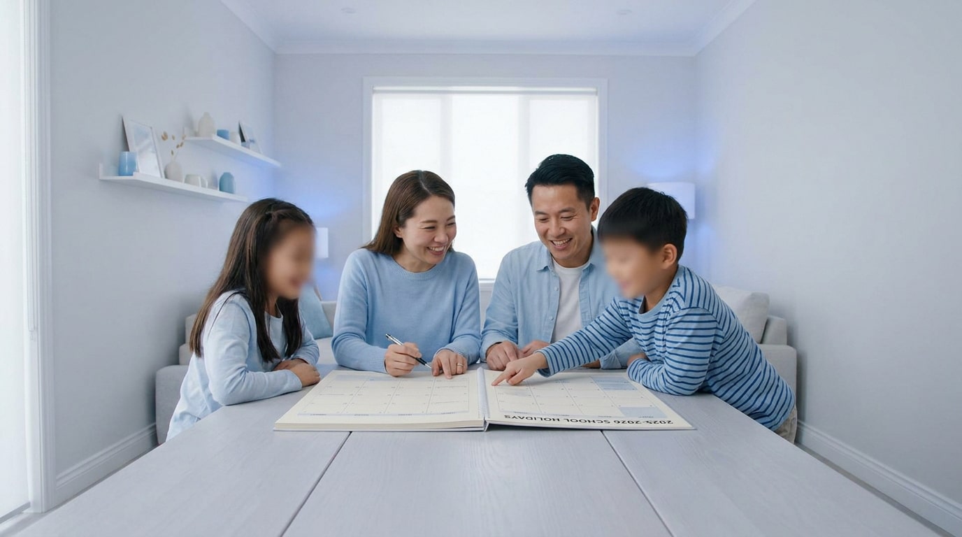 Une famille asiatique assise autour d'une table regarde ensemble un calendrier des vacances scolaires.