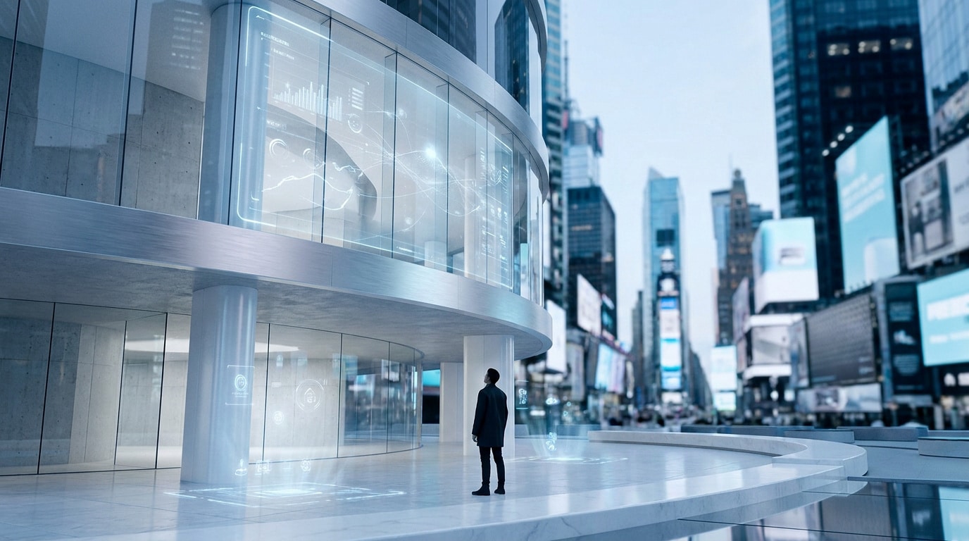 Un homme observe une interface numérique holographique projetée sur la façade vitrée d'un gratte-ciel futuriste.