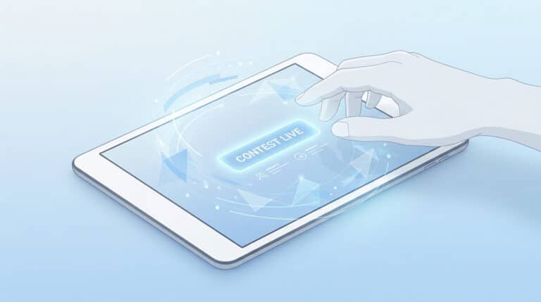 Une main utilisant une tablette numérique affichant une interface holographique bleue avec le texte CONTEST LIVE.