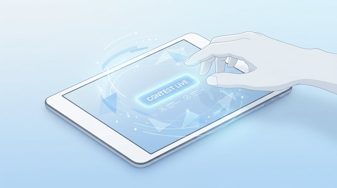 Une main utilisant une tablette numérique affichant une interface holographique bleue avec le texte CONTEST LIVE.