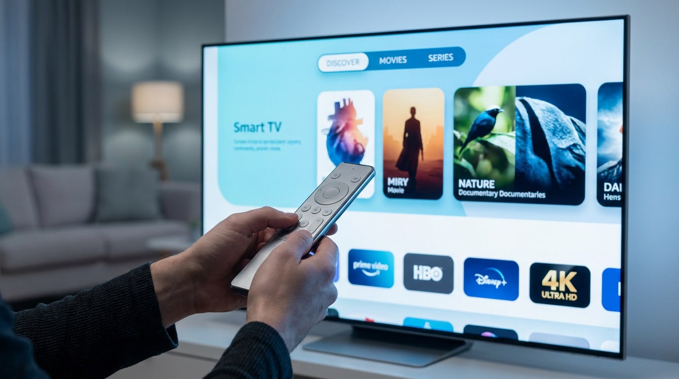 Mains tenant une télécommande devant un écran de télévision affichant une interface Smart TV moderne.