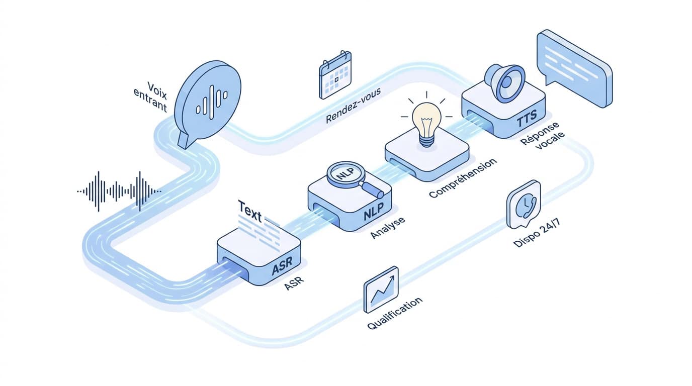Schéma du parcours d'un appel client traité par un chatbot vocal via ASR, NLP et TTS