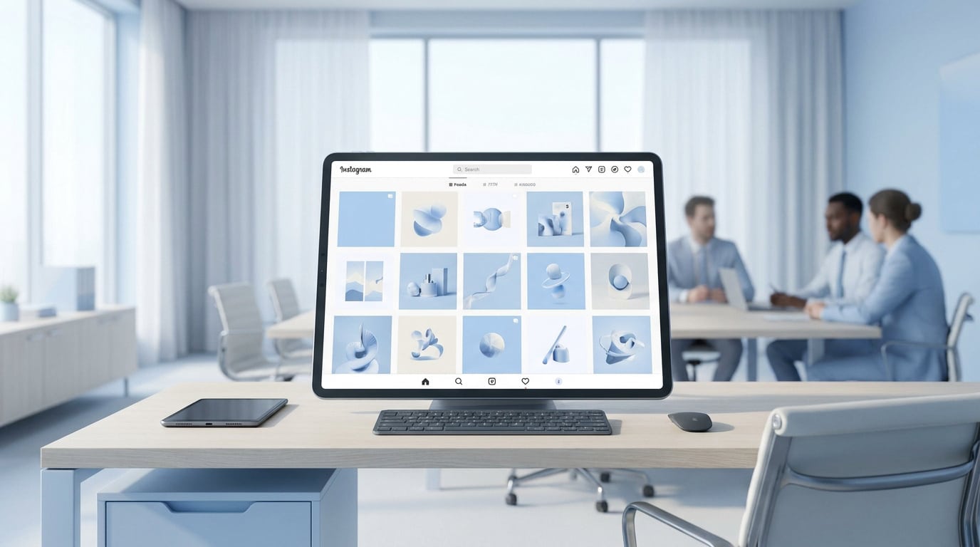 Écran affichant une grille Instagram esthétique avec des tons bleus sur un bureau dans un espace de travail moderne.