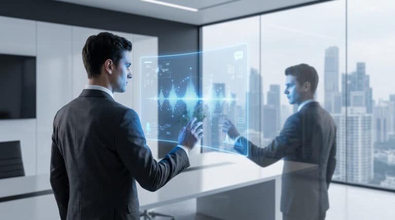 Un homme d'affaires interagissant avec une interface numérique holographique affichant une onde sonore dans un bureau.