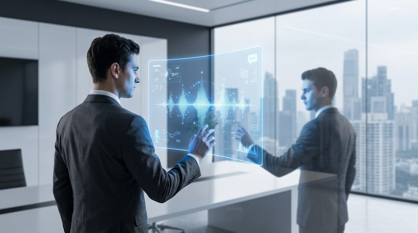 Un homme d'affaires interagissant avec une interface numérique holographique affichant une onde sonore dans un bureau.