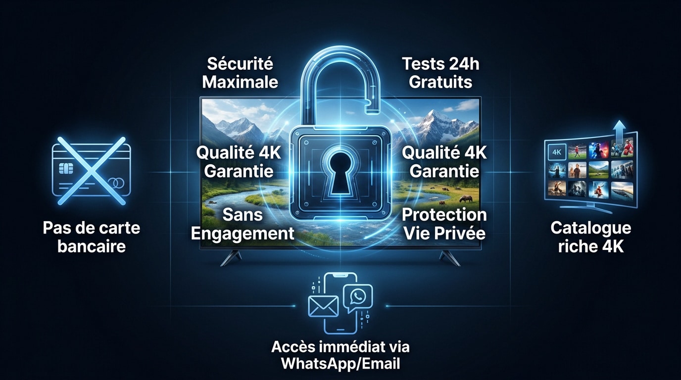 Interface IPTV fluide affichant des contenus en qualité 4K avec logo de sécurité