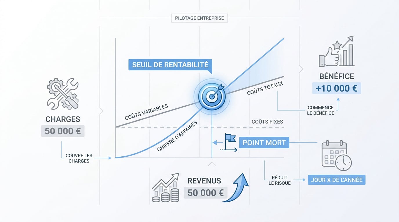 Graphique illustrant le croisement entre charges et chiffre d'affaires pour déterminer le seuil de rentabilité