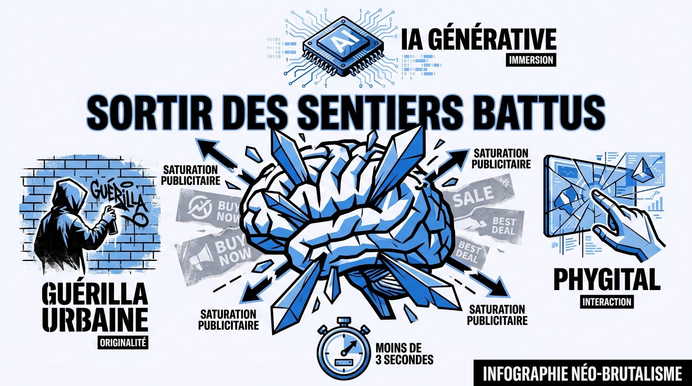 Illustration d'une stratégie de marketing alternatif brisant les codes de la publicité traditionnelle en milieu urbain