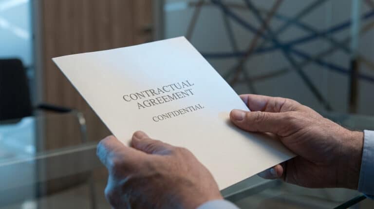 Mains d'un homme tenant un document intitulé "Contractual Agreement - Confidential" dans un bureau.