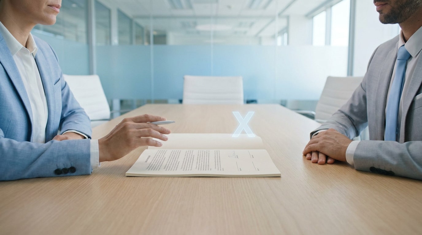 Deux professionnels en costume assis face à face à une table de réunion avec un contrat et une icône holographique en X.