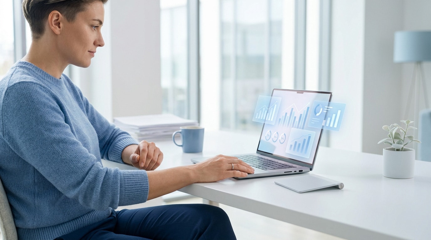 Une femme travaillant sur un ordinateur portable affichant des graphiques financiers numériques dans un bureau lumineux.
